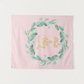 ピンクと金ゴールド結婚の背景フォトブース緑 タペストリー (正面(横))