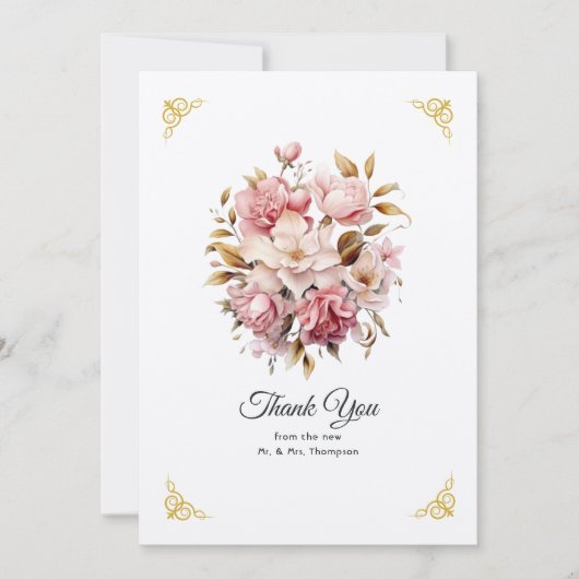 ピンクと金ゴールド結婚フローラ サンキューカード (正面)