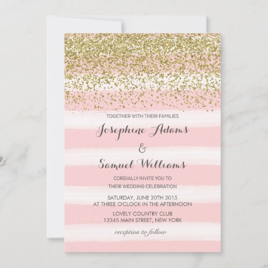 ピンクと金ゴールド結婚式招待状 招待状 (正面)