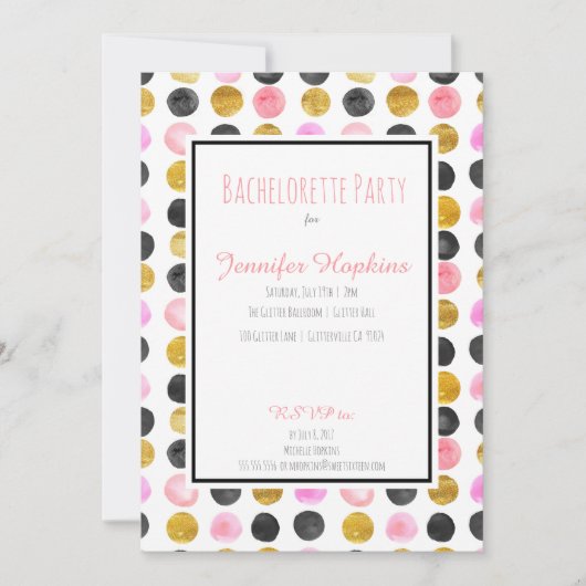 ピンクと金ゴールド絵を描の水玉模様パーティの招待状 招待状 (正面)