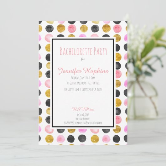 ピンクと金ゴールド絵を描の水玉模様パーティの招待状 招待状 (スタンド正面)