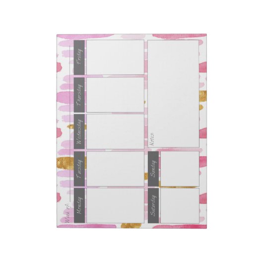 ピンクと金ゴールド絵を描ストライプののウィークリーパタンのメモ帳 ノートパッド (回転)