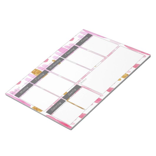 ピンクと金ゴールド絵を描ストライプののウィークリーパタンのメモ帳 ノートパッド (アングル)