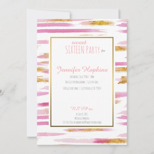 ピンクと金ゴールド絵を描ストライプのパーティの招待状 招待状 (正面)