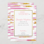 ピンクと金ゴールド絵を描ストライプのパーティの招待状 招待状 (正面/裏面)