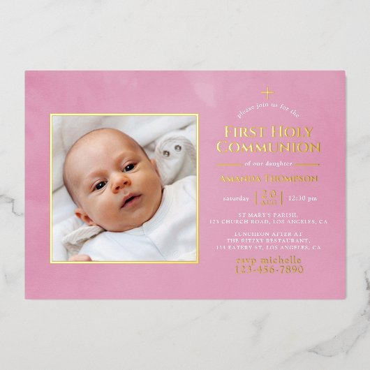 ピンクと金ゴールド聖餐式 箔招待状 (正面)