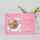 ピンクと金ゴールド聖餐式 箔招待状 (立ち正面)