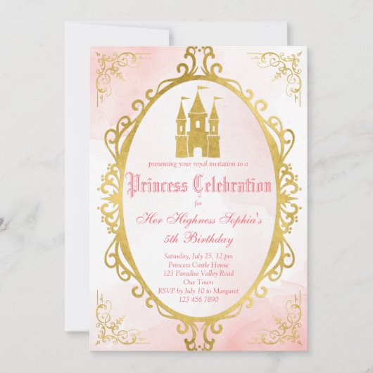 ピンクと金ゴールド華美の王女の誕生日 招待状 (正面)