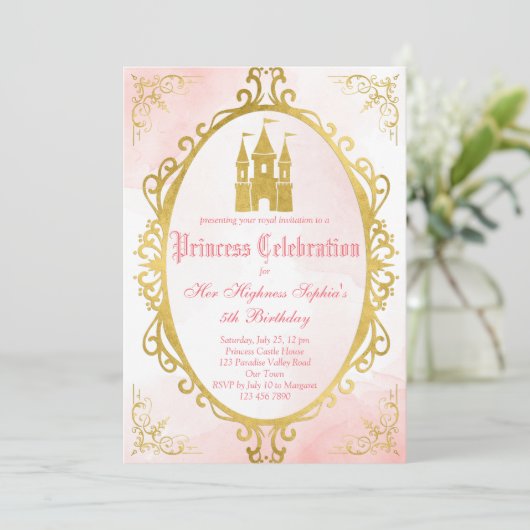ピンクと金ゴールド華美の王女の誕生日 招待状 (スタンド正面)