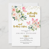 ピンクと金ゴールド蝶のキスとベビーの願い 招待状 (正面)