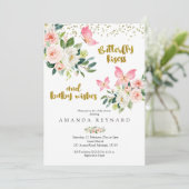 ピンクと金ゴールド蝶のキスとベビーの願い 招待状 (スタンド正面)