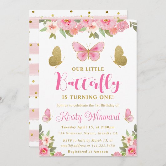 ピンクと金ゴールド蝶フローラガール1st誕生日 招待状 (正面/裏面)
