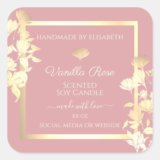 ピンクと金ゴールド製品の包装ラベル花 スクエアシール (正面)