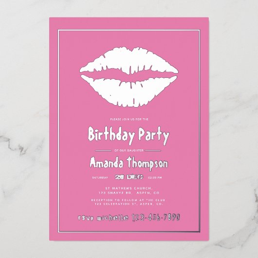 ピンクと金ゴールド誕生日キス唇 箔招待状 (正面)