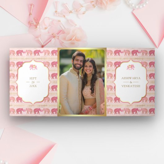 ピンクと金ゴールド象インディアンパレス写真結婚ズ 三つ折り招待状