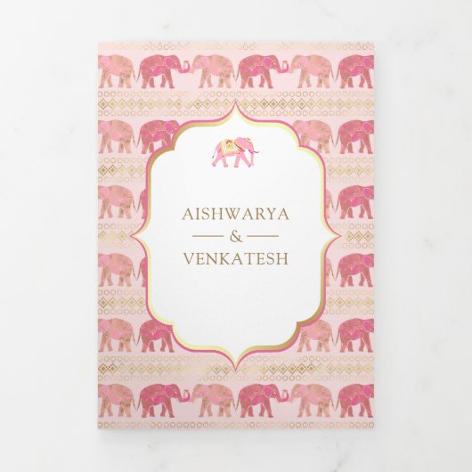 ピンクと金ゴールド象インディアンパレス写真結婚ズ 三つ折り招待状 (カバー)