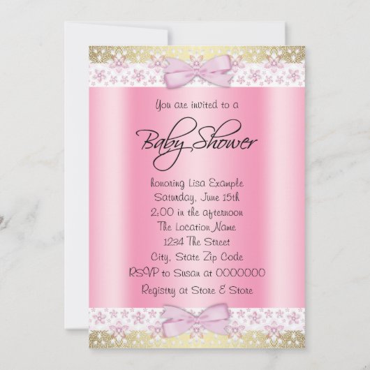 ピンクと金ゴールド赤ちゃん女の子シャワーブロンド 招待状 (裏面)