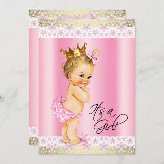 ピンクと金ゴールド赤ちゃん女の子シャワーブロンド 招待状 (正面/裏面)