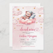 ピンクと金ゴールド雲9人の女の子の赤ちゃんシャワー 招待状 (正面/裏面)