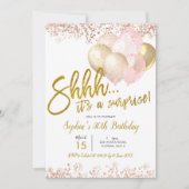 ピンクと金ゴールド風船の驚きの誕生日パーティー 招待状 (正面)