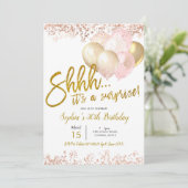 ピンクと金ゴールド風船の驚きの誕生日パーティー 招待状 (スタンド正面)