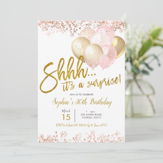 ピンクと金ゴールド風船の驚きの誕生日パーティー 招待状 (スタンド正面)