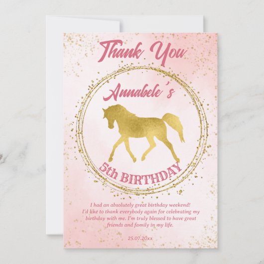 ピンクと金ゴールド馬の馬の誕生日のカスタム サンキューカード (正面)