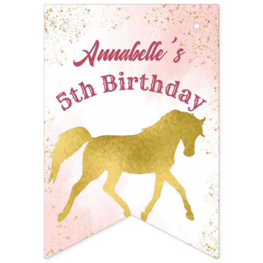 ピンクと金ゴールド馬の馬術女性のカーボーイ誕生日 バンティングフラッグ (第1の旗)