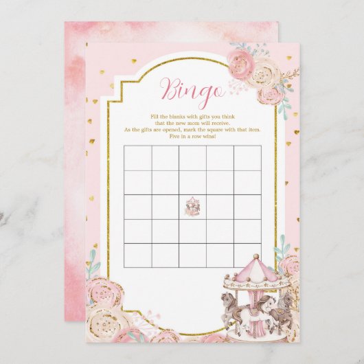 ピンクと金ゴールド魔法の回転木馬ビンゴゲーム 招待状 (正面/裏面)