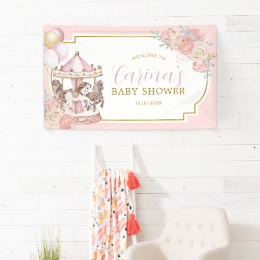 ピンクと金ゴールド魔法の回転木馬大型バナーサイン 横断幕 (インサイチュ)