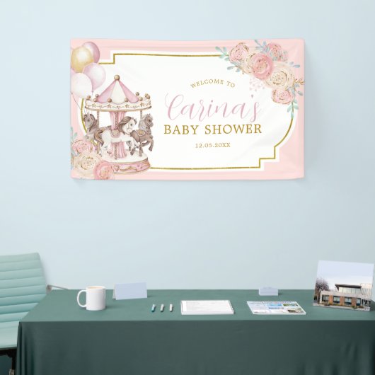 ピンクと金ゴールド魔法の回転木馬大型バナーサイン 横断幕 (トレードショー)