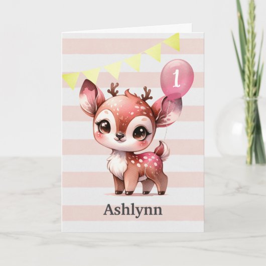 ピンクと金ゴールド鹿1st誕生日カード カード (正面)