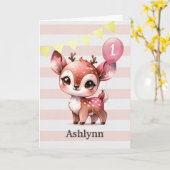 ピンクと金ゴールド鹿1st誕生日カード カード (黄色い花)