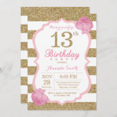 ピンクと金ゴールド13番目の誕生日招待状フローラ 招待状 (正面/裏面)