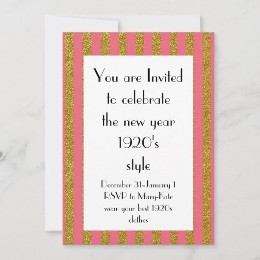 ピンクと金ゴールド1920年代ギャツビー新年パーティー 招待状 (正面)