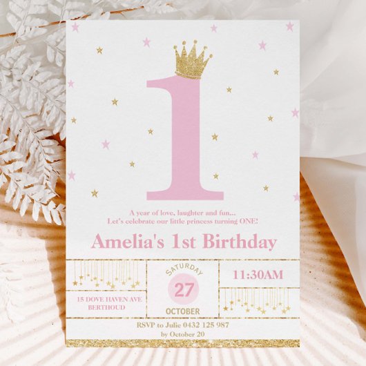 ピンクと金ゴールド1stバースデーガールプリンセス 招待状