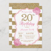 ピンクと金ゴールド20誕生日招待状フローラ 招待状 (正面/裏面)