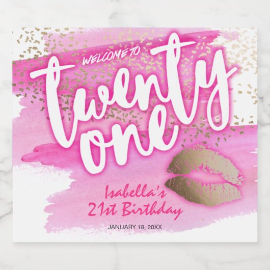 ピンクと金ゴールド21歳の誕生日ワきらめくインラベル スパークリングワインラベル (シングルラベル)