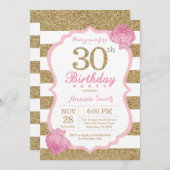 ピンクと金ゴールド30th誕生日招待状フローラ 招待状 (正面/裏面)