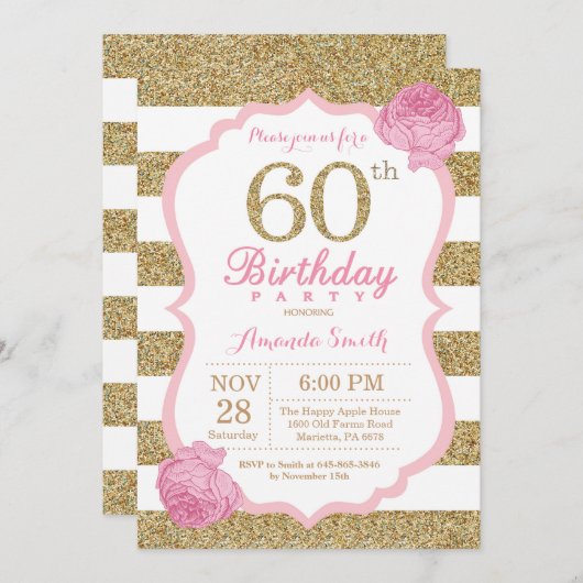 ピンクと金ゴールド60番目の誕生日招待状フローラ 招待状 (正面/裏面)