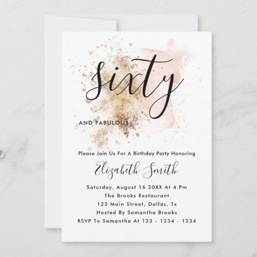 ピンクと金ゴールド60番目の誕生日招待状 招待状 (正面)