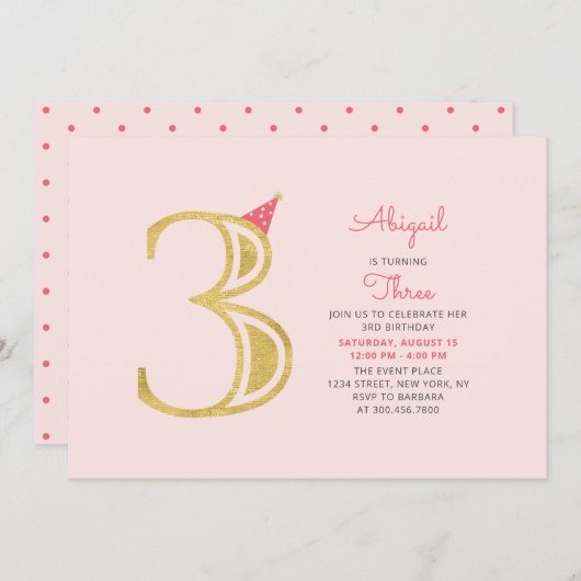 ピンクと金ゴールド |かわいいモダン女の子の誕生日パーティー 招待状 (正面/裏面)