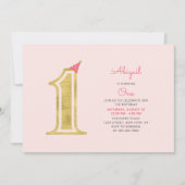 ピンクと金ゴールド |かわいいモダン女の子1歳の誕生日パーティー 招待状 (正面)