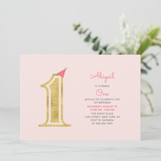 ピンクと金ゴールド |かわいいモダン女の子1歳の誕生日パーティー 招待状 (スタンド正面)