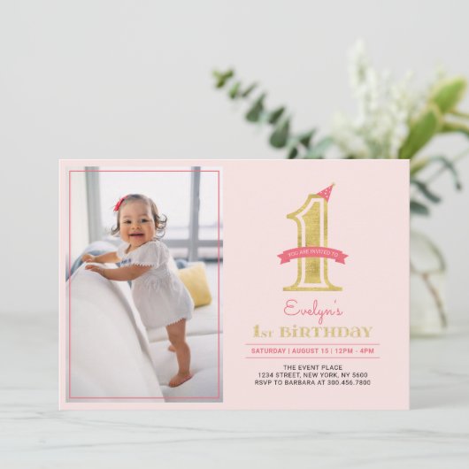 ピンクと金ゴールド |かわいいモダン女の子1歳の誕生日パーティー 招待状 (スタンド正面)