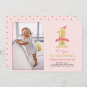 ピンクと金ゴールド |かわいいモダン女の子1歳の誕生日パーティー 招待状 (正面/裏面)