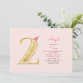 ピンクと金ゴールド |かわいいモダン女の子2nd誕生日パーティー 招待状 (スタンド正面)