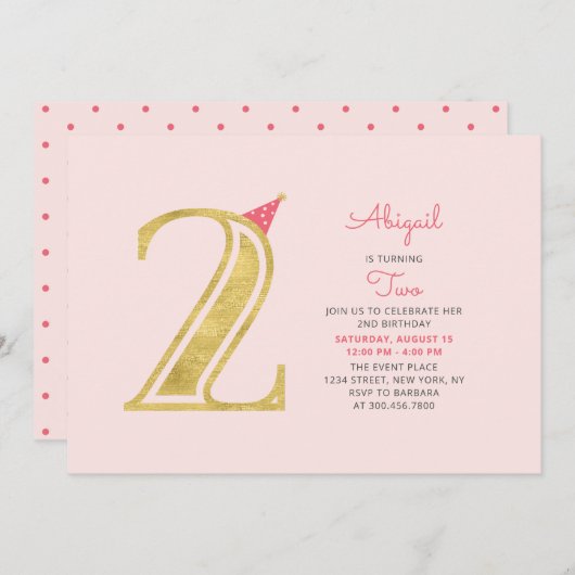 ピンクと金ゴールド |かわいいモダン女の子2nd誕生日パーティー 招待状 (正面/裏面)
