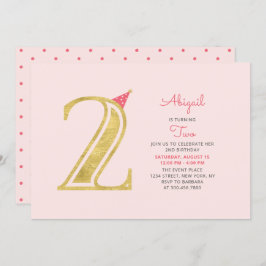 ピンクと金ゴールド |かわいいモダン女の子2nd誕生日パーティー 招待状