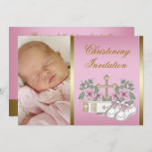 ピンクと金ゴールド《キリスト教》洗礼式や命名式 招待状 (正面/裏面)